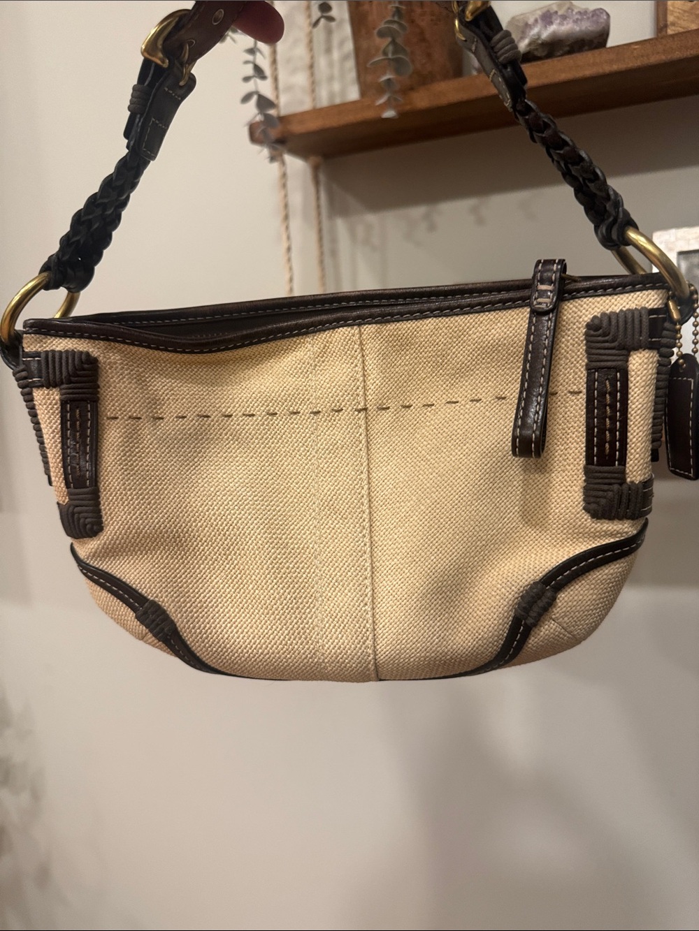Coach Mini Angora Straw Soho Shoulder Bag - Dark Brown trim & grey weave